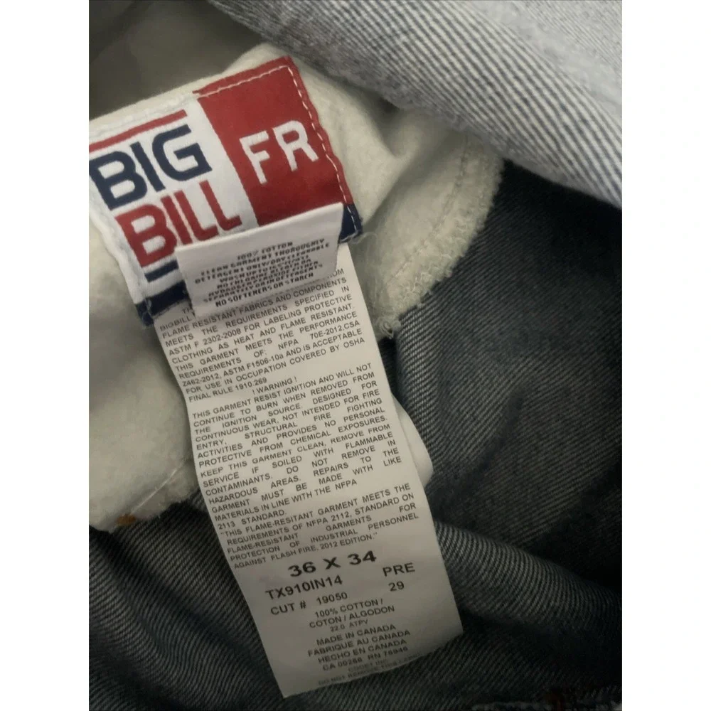 Big Bill FR Denim Jeans 36x34 Workwear Flame Resistant NFPA 2112 Cat 2 Indura